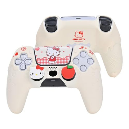 Kuitmor Silicone PS5 Controller Cover Skin Set, Anti-Slip Soft Protective Case for PS5 Wireless Controller with 2 Thumb Grip Caps and 1 Sticker (Beige Hello Kitty) - color: Beige Hello Kitty