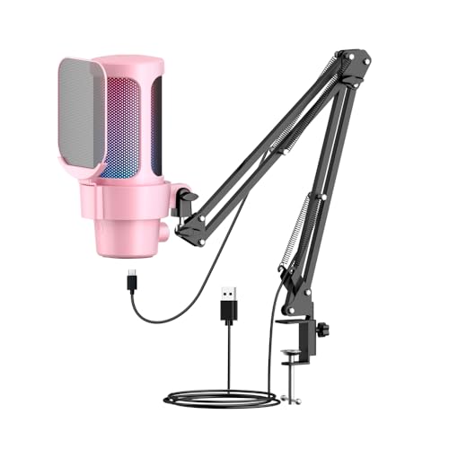 Professional USB Gaming Microphone with RGB Lighting Cardioid Pickup Quick Mute Gain Knob Boom Arm Stand for PC Gaming Live Streaming Video Recording Plug Play Compatible (Pink) - color: Pink