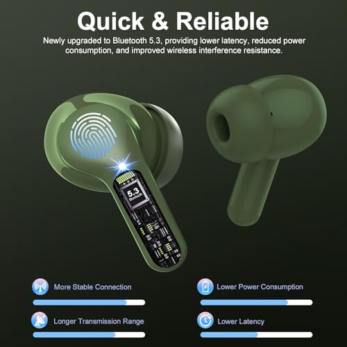 Wireless Earbuds, Bluetooth 5.4 Headphones HiFi Stereo, Bluetooth Earbuds with ENC Noise Cancelling Mic, IP7 Waterproof in Ear Earphones, 48H, LED Display Ear buds for Pad Workout Sports, Retro Green - color: Retro Green