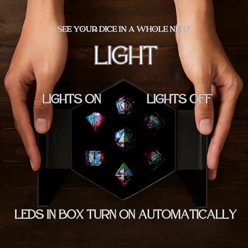 Iridescent DND Dice Set with Glowing LED Display Box – Sharp Edge Polyhedral Dice with Mesmerizing Finish | Bonus Stickers Included | Dungeons and Dragons (TTRPG) Dice Set - color: (Non-liquid Core) Iridescent - Aetherflare