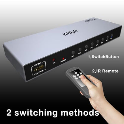 KAGO 8-Port 4K@60Hz HDMI Switcher Box with IR Remote | 8-In 1-Out HDMI Switch,HDR10 & Dolby Vision, 18Gbps HDCP 2.2 Pass-Through, 3D Audio, Aluminum Shell - size: 8x1