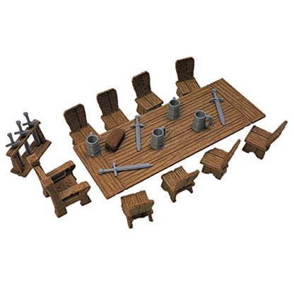 Lords Table Set with Chair, Small Chairs, Sword Rack, Swords, Tankards, and Bread - 28mm Scale Tabletop Terrain for D&D and Fantasy Role Playing Games