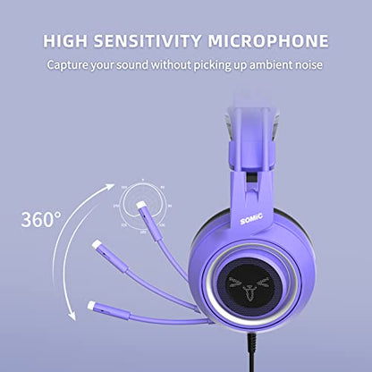 SOMIC G951S Purple Stereo Gaming Headset with Mic for PS4, PS5, Xbox One, PC, Phone, Detachable Cat Ear 3.5MM Noise Reduction Headphones Computer Gaming Headphone Self-Adjusting Gamer Headsets - color: Purple