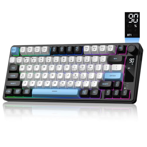 DK75 75% Wireless Gaming Keyboard, RGB Backlit Creamy Keyboard with Media Knob, OLED Screen, Tri-Mode 2.4GHz/USB-C/BT5.0, Anti-Ghosting No-Conflict Silent Membrane Keyboard for MAC Windows - color: Black&Blue