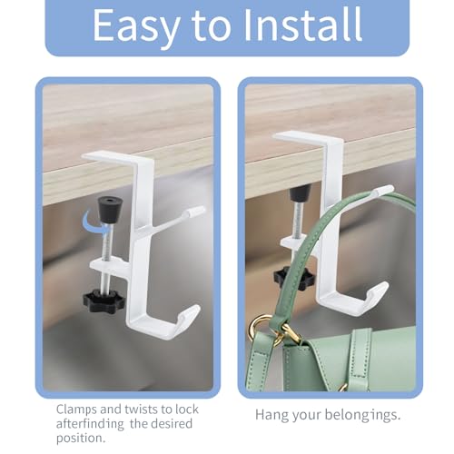 Desk Mount Bag Holder Hook Clamp-On Backpack Hanger Portable Desk Mount Headphones Holder Reduce Desk Clutter for Table Desk, Under Counter (White) - color: White