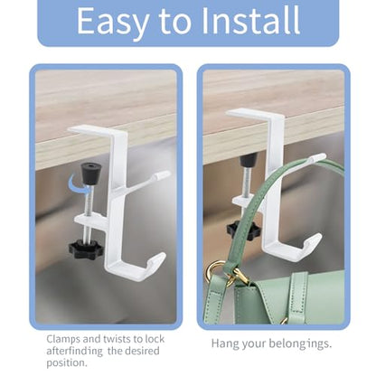 Desk Mount Bag Holder Hook Clamp-On Backpack Hanger Portable Desk Mount Headphones Holder Reduce Desk Clutter for Table Desk, Under Counter (White) - color: White