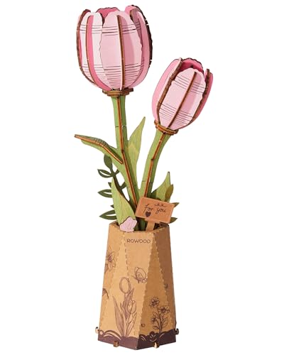 rowood Wooden Flower,3D Puzzles for Adults,Artifical Flower Botanical Collection Building Kit,Mother's Day/Valentine's Day Pink Tulip - style: Pink Tulip