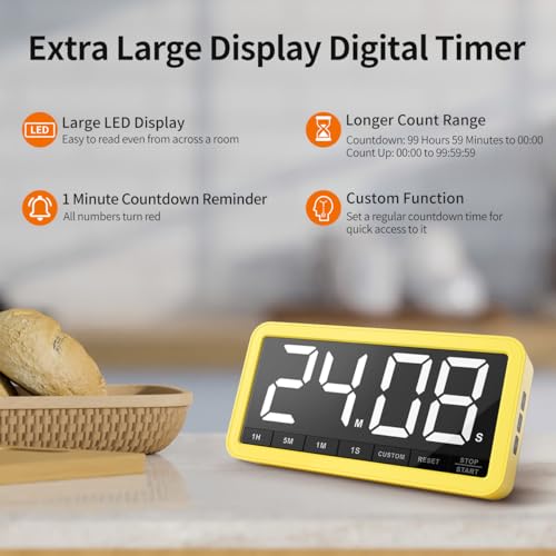 Large 7.8" Digital Timer, Magnetic LED Timer for Kitchen & Classroom | USB-C Rechargeable, Up to 99 Hours Count Up & Countdown Timer with 3 Brightness Levels, 4 Alert Modes and 3 Volume Levels - color: Yellow