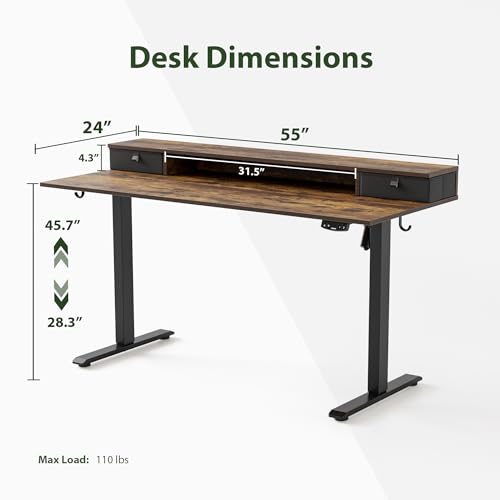 Agilestic 55 x 24 Inches Height Adjustable Electric Standing Desk with 2 Drawers, Stand Up Electric Desk Adjustable Height, Sit Stand Computer Gaming Table with Splice Board, Rustic Brown - color: Rustic Brown, size: 55 x 24 Inches with 2 drawers