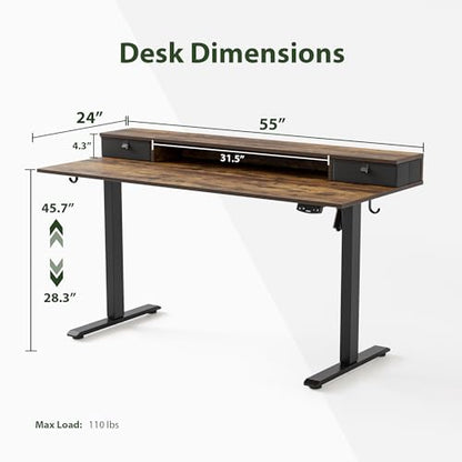 Agilestic 55 x 24 Inches Height Adjustable Electric Standing Desk with 2 Drawers, Stand Up Electric Desk Adjustable Height, Sit Stand Computer Gaming Table with Splice Board, Rustic Brown - color: Rustic Brown, size: 55 x 24 Inches with 2 drawers