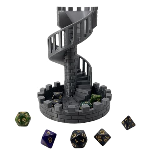 Dice Spiral Staircase Castle Dice Tower Dungeons and Dragons RPG Tabletop Roleplaying Game Jail D&D (Random 7PCS D20 Dice Set Included) Silver