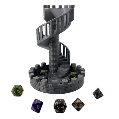 Dice Spiral Staircase Castle Dice Tower Dungeons and Dragons RPG Tabletop Roleplaying Game Jail D&D (Random 7PCS D20 Dice Set Included) Silver