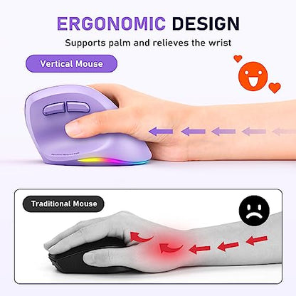 MEETION Ergonomic Wireless Vertical Mouse, Rechargeable, Purple | Bluetooth 5.2 + 3.0 and USB connectivity, RGB backlight, 4 DPI adjustment, compatible with Windows, Mac, Android, PC and iPad - color: Right Purple