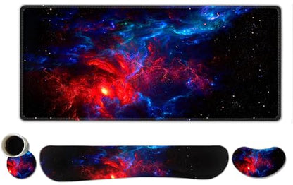 ToLuLu Extended Gaming Mouse Pad, Memory Foam Ergonomic Keyboard Mouse Wrist Rest Support Set, Large Desk Mat with Stitched Edges, Non-Slip Base Mousepad for Home Office and Game, Blue Red Galaxy - color: Blue Red Galaxy