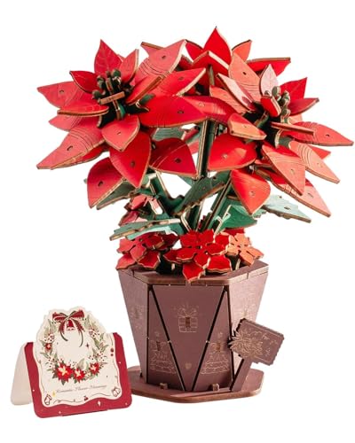 3D Flower Wooden Puzzles for Adults-Poinsettia, DIY Wooden Flowers Model Kit Building Set Crafts Gifts, Artificial Botanical Collection Creative Gift Ideas/Housewarming Celebration(153PCS) - style: Poinsettia