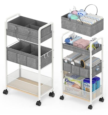 2In1 Baby Diaper Caddy & 3-Tier Rolling Diaper Cart, Diaper Caddy Organizer Cart with Dividers, Metal Detachable Bedside Cart for Baby Nursery Essentials, Large Capacity, Easy to Assemble, White - color: White