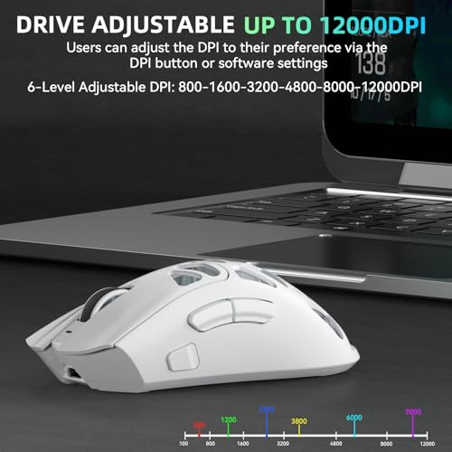 Aula SC620 Wireless Gaming Mouse, Tri-Mode 2.4GHz/USB-C/BT5.3 Computer Mouse with 12000 DPI, Programmable Macro Gamer Mouse with Rapid Fire Key, RGB Light White Gaming Mice for PC/Laptop/Mac - color: White