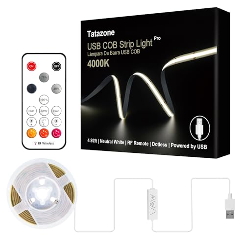 Tatazone 5V USB COB Led Strip Light with RF Remote | 4.92ft, 6500K, CRI93+, Long Cable, Dimmable for Cabinet, TV, Shelf, Monitor, Showcase, Motorhome