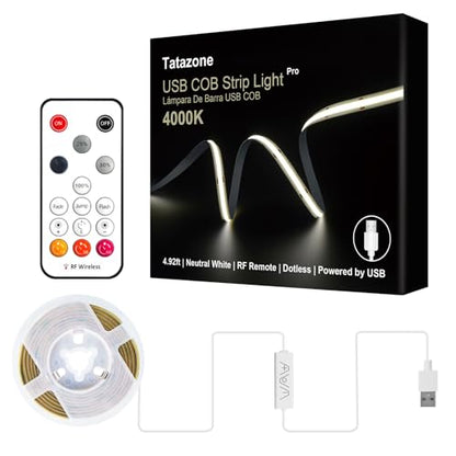 Tatazone 5V USB COB Led Strip Light with RF Remote | 4.92ft, 6500K, CRI93+, Long Cable, Dimmable for Cabinet, TV, Shelf, Monitor, Showcase, Motorhome