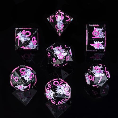 Dragon Pattern Double Layered Starry Sky Black Resin DND Dice Set, d4 d6 d8 10 d12 d20 7Pcs Sharp Edge D&D Dice for RPG MTG D and D Role Playing Desktop Games - color: Pink
