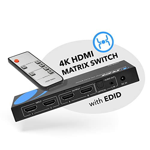 OREI 2x2 HDMI Matrix Switch 4K@60Hz with Audio Extraction, IR Remote, EDID | HDMI Matrix 2x2, HDMI Matrix Switch – 18Gbps, HDR, Dolby TrueHD, DTS-HD, optical & analog PCM 2.0 audio - size: 2x2 Matrix
