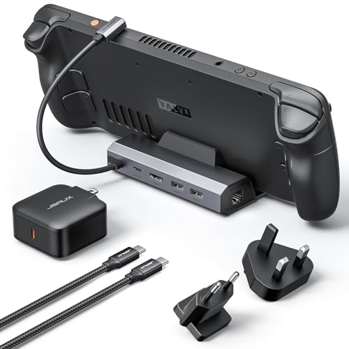 JSAUX 5-in-1 Docking Station & 65W Charger for Steam Deck/ROG Ally X-HB0602 | 4K@120Hz HDMI, 100Mbps Ethernet, 100W PD Fast Charging, 2 USB 2.0 Ports, Widely Compatible with SteamOS & Windows Handhelds - color: Gray (with 65W Charger)