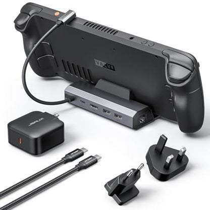 JSAUX 5-in-1 Docking Station & 65W Charger for Steam Deck/ROG Ally X-HB0602 | 4K@120Hz HDMI, 100Mbps Ethernet, 100W PD Fast Charging, 2 USB 2.0 Ports, Widely Compatible with SteamOS & Windows Handhelds - color: Gray (with 65W Charger)