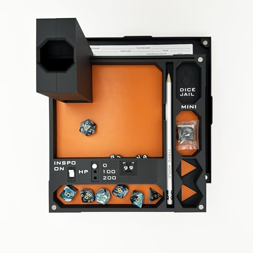 All-in-One Dice Tray with Tower by TTRPG World - Magnetic Modular Organizer for 5E & d20 RPGs with Soft Lining, Tower, Mini Holder, Sheets & Mystery Dice Set (Orange) - color: Orange