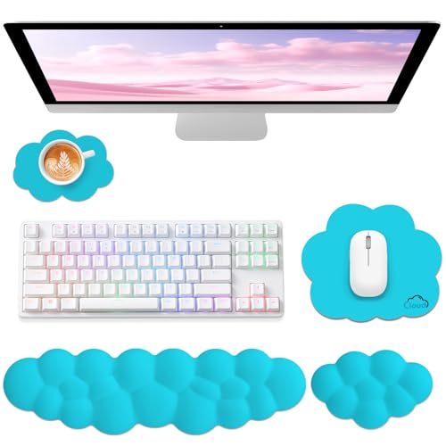 Sushret Cloud Wrist Rest for Computer Keyboard and Mouse Pad Set,Scuba Blue | Memory Foam, Leather, 4-in-1 Cloud Keyboard Wrist Rest Set with Ergonomic Support for Arm and Palm Cushion, Gaming/Work Setup - color: 08 Scuba Blue Set, size: Tenkeyless