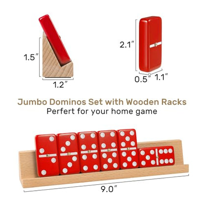 Jumbo Dominos Set for Adults with 4 Wooden Racks/Trays, Double 6 Dominoes Travel Set with Portable Case Double Six Dominoes Set with 4 Tiles Holders, 28 Tiles Dominos Set for Family Board Games - color: Red