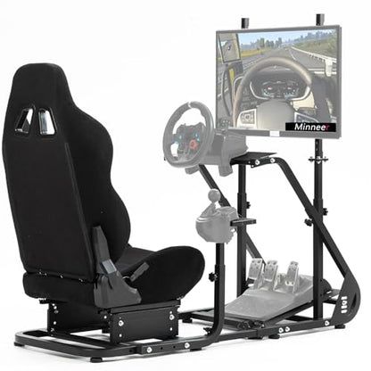 Minneer Racing Simulator Cockpit with Black Seat and Monitor Stand Fit for Logitech G29 G920, for Thrustmaster T248 T300, for Fanatec Reinforced Expandable. Wheel, Pedal, Handbrake Not Included