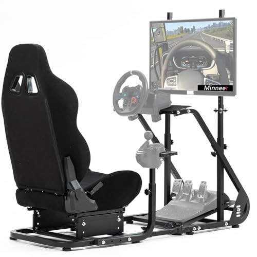 Minneer Racing Simulator Cockpit with Black Seat and Monitor Stand Fit for Logitech G29 G920, for Thrustmaster T248 T300, for Fanatec Reinforced Expandable. Wheel, Pedal, Handbrake Not Included