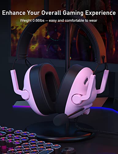 SENZER SG500 Surround Sound Pro Gaming Headset with Noise Cancelling Microphone - Soft Memory Foam Padding - Portable Foldable Headphones for PC, PS4, PS5, Xbox One, Switch - Pink - color: Pink