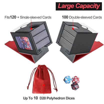 AFIING MTG Deck Box for Commander Display,Card Deck Case Fits 100 Double Sleeved Cards, Magic Commander TCG Card Storage Box with 2 Dividers,Dice Bag and 1 Toploader(Red Black) - color: Commander Red Black