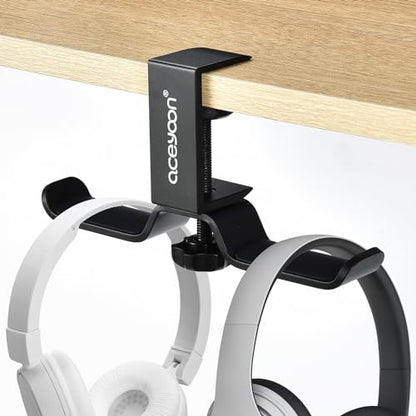 aceyoon Foldable Headphone Stand for Desk, Aluminum Headset Stand Clamp Hook Under Desk Space Save Mount, Headset Holder for Gaming Headphone, Office, Backpack, Bag, Purse Hanging (Black) - color: Dual Stand