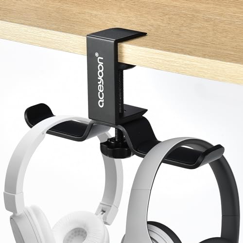 aceyoon Foldable Headphone Stand for Desk, Aluminum Headset Stand Clamp Hook Under Desk Space Save Mount, Headset Holder for Gaming Headphone, Office, Backpack, Bag, Purse Hanging (Black) - color: Dual Stand