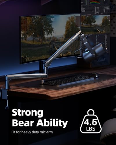 TODI Mic Stand Desk, Low/High Profile Mic Arm Bear 4.5LBS with Extension Riser, Adjustable All Metal Desk Microphone Stand with Cable Channel, Boom Arm Mic Stand with 3/8'' 5/8'' Interface - color: Metal Black