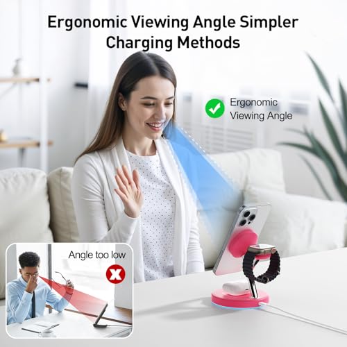 【Adjustable Blue Ambient Light】 Wireless Charger 3 in 1 for iPhone, Magnetic Charging Station for Apple Family,15W Fast MagSafe Charger Stand,for iPhone17-12-iWatch AirPods Series - color: Rose Red