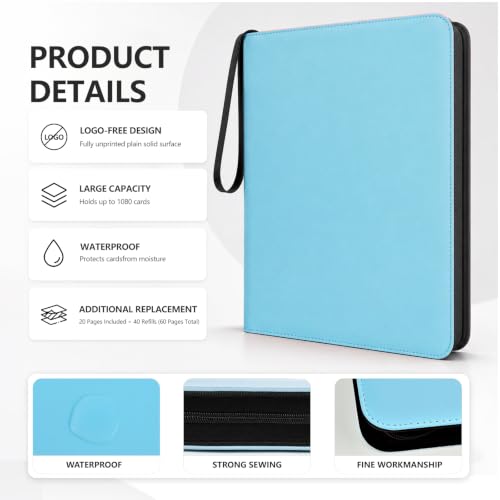 9 Pocket Zip Card Binder, Trading Card Album Holds 1080 Cards, Light Blue | Logo-free design,top-loading pages,removable double-sided pockets,waterproof cover,soft lnner lining. - color: Light Blue, size: 9 Pocket 1080