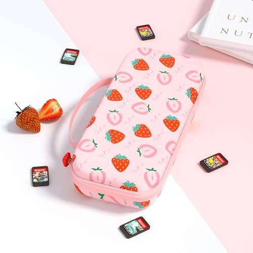 RHOTALL Pink Strawberry Carrying Case for Nintendo Switch 2 (2025) 7.9'', Cute Slim Hard Protective Travel Carry Case with 9 Game Cartridges Slots, Accessories Bundle Holder, Shoulder Strap - color: pink 12
