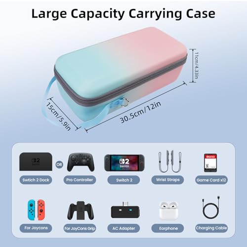 FIWWAT Carrying Case for Nintendo Switch 2 2025, 12 Game Card Slots, Large Capacity Hard Travel Protective Case for Switch 2 Console Accessories Pro Controller, Dock, Pink&Blue - color: Pink-Blue Gradient