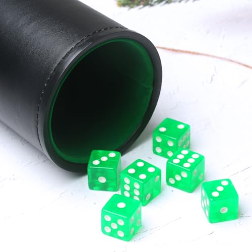 Faux Leather Dice Cup Set, Soft Velvet Interior Dice Cup Shaker Quiet with 6 Green Translucent Dice for Liars Dice/Farkle/Yahtzee Games, 1 Pack - color: Green#b