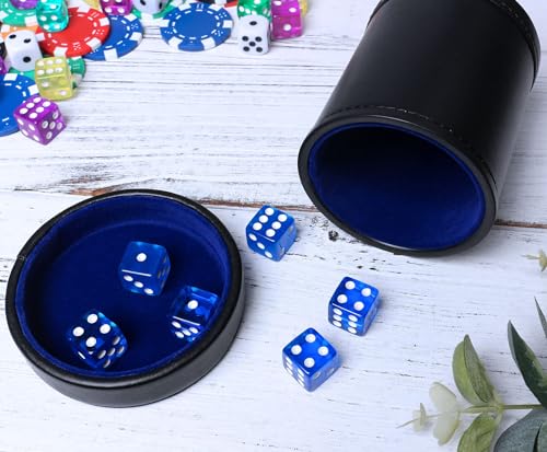 PU Leather Dice Cup with Lid, Blue Velvet Interior Quiet Dice Shaker Cup Including 6 BlueTranslucent Dice for Liars/Farkle/Yahtzee Games, 1 Pack - color: Dark Blue
