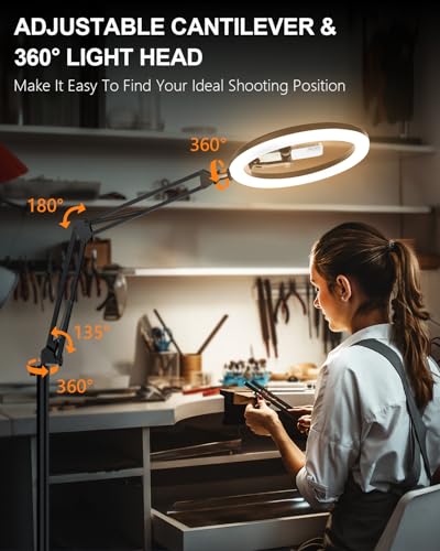 12" Overhead Phone Mount with Ring Light, 360° Circle Light - CRI >95 & Adjustable 72" Height, Phone Ring Light for Photography,Live Streaming, Cooking and Content Creation - size: 12 inches