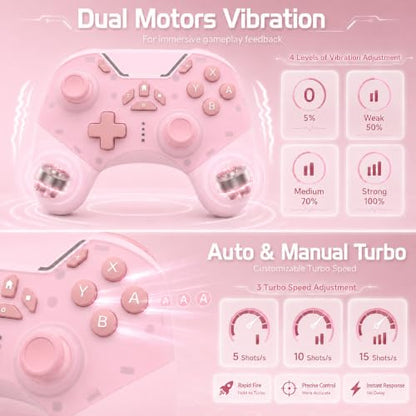 aghi Hall Effect Wireless Gaming Controller with Phone Clip | for iPhone/Android/PC/Steam/TV/Switch/Switch 2 with Hall Joysticks, Lock Speed, Macro, 6-Axis Gyro, Vibration, Turbo, Pink - color: Light Pink