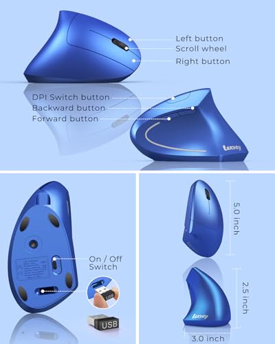 Lekvey Ergonomic Mouse, Vertical Wireless Mouse Rechargeable 2.4G USB Optical Carpal Tunnel Mice : 3 DPI 800/1200/1600 Levels 6 Buttons, for Laptop, PC, Mac, Computer, Desktop, Notebook etc, Blue - color: Blue
