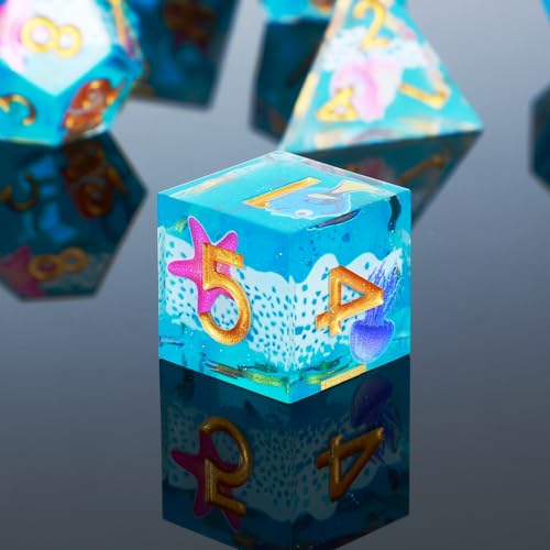 DND Dice Set 7-Pcs Sharp Edge Blue Marine Life Style Resin Dice Polyhedron Resin Sharp Edge dice Role-Playing Game RPG MTG Board Game (Marine Life - Golden) - color: Marine Life - Golden