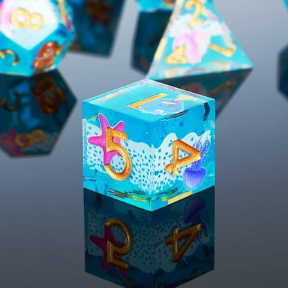 DND Dice Set 7-Pcs Sharp Edge Blue Marine Life Style Resin Dice Polyhedron Resin Sharp Edge dice Role-Playing Game RPG MTG Board Game (Marine Life - Golden) - color: Marine Life - Golden