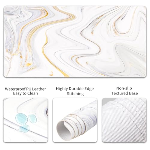 QIYI PU Leather Desk Mat Set, 4-in-1 Ergonomic Wrist Rest, Marble Stripes | Waterproof Large Mouse Pad 31.5×15.7 + Keyboard Wrist Rest + Mouse Wrist Support+Coaster, Non-Slip Office Gaming Accessories - color: White Marble Stripes