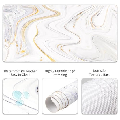 QIYI PU Leather Desk Mat Set, 4-in-1 Ergonomic Wrist Rest, Marble Stripes | Waterproof Large Mouse Pad 31.5×15.7 + Keyboard Wrist Rest + Mouse Wrist Support+Coaster, Non-Slip Office Gaming Accessories - color: White Marble Stripes